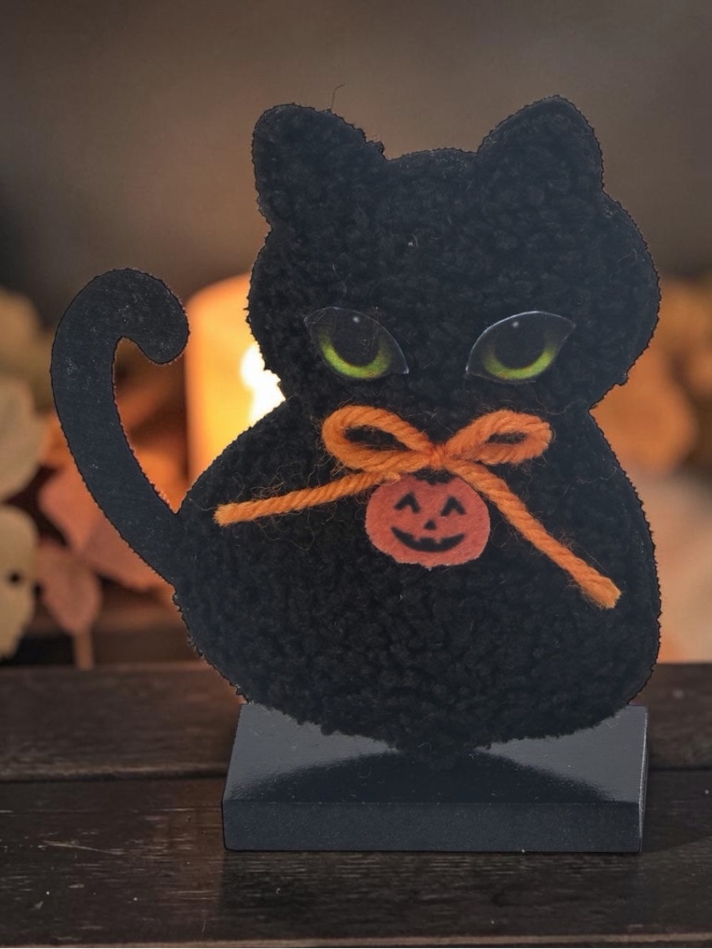 🐈⬛ Halloween Black Cat Shaped Plush Icon Tabletop Decor Green Eyes Orange Bow